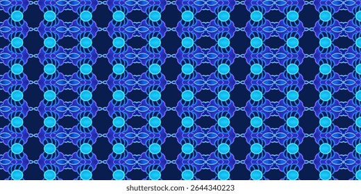 Padrão abstrato contínuo com esferas azuis luminosas e formas de néon simétricas intrincadas em fundo escuro. Ideal para arte digital, tecidos e cenários modernos.