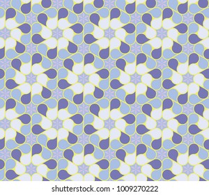 seamless abstract pattern made of drop forms creating repeated flower shapes in blue, yellow and purple colors