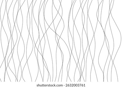 A seamless abstract pattern made of thin, wavy black lines on a white background. This minimalist and modern design is suitable for use in textile printing, wallpapers, backgrounds, packaging