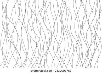 A seamless abstract pattern made of thin, wavy black lines on a white background. This minimalist and modern design is suitable for use in textile printing, wallpapers, backgrounds, packaging