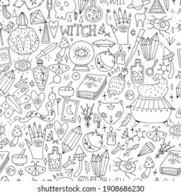 seamless abstract pattern magic and mysticism, witches, potions, witches, doodle illustrations