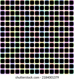 Seamless abstract pattern with many geometric black squared rounded edges boxes on vibrant background. Vector design. Paper, cloth, fabric, cloth, dress, napkin, printing, present, technology concepts
