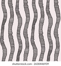 Seamless abstract pattern with minimalist black and white graphics. Hand drawn surface design, simple wallpaper textile print with doodle stripes, line art pattern. Vector illustration in two colors.