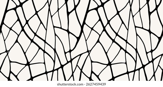 Seamless abstract pattern, minimalist graphic print with drawing of smooth intersecting lines. Abstract design in two colors, hand drawn ink spider web. Vector illustration.