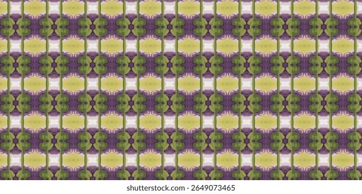 Seamless abstract pattern with mirrored shapes in green, purple, and yellow hues, perfect for textiles or backgrounds. Bold, retro, and symmetrical abstract design.