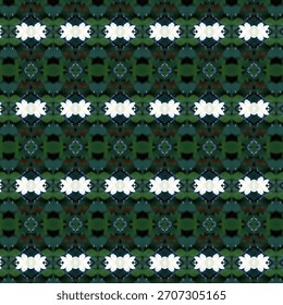 Um padrão abstrato sem costura com formas florais brancas espelhadas sobre tons verdes profundos, formando um design de fundo de textura simétrica ideal para obras de arte decorativas.