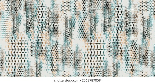 Seamless abstract pattern with modern and elegant earth tones. Combination of geometric diamond shapes with unique watercolor effects. Contemporary design with natural color textures.