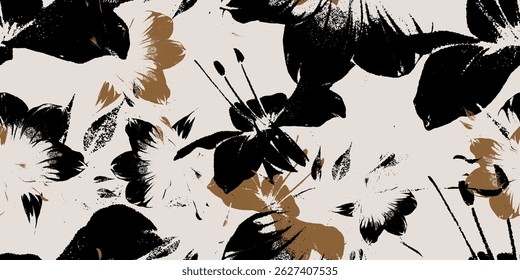 Seamless abstract pattern with monochrome grunge textures, rough ink outlines, and minimalist shapes. Versatile for poster designs, digital prints, or bold backdrops. Vector illustration