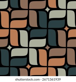 Patrón abstracto sin fisuras con un diseño de mosaico de Elementos geométricos simples en verde, naranja y marrón sobre un fondo negro. Estilo étnico moderno. Ilustración vectorial.