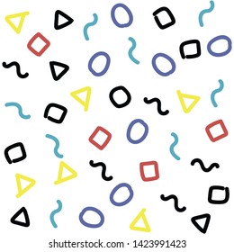 Seamless abstract pattern. Multicolor chaotic hand drawn memphis elements. Stylish geometrical background for fabric, textile, design, ceramic.