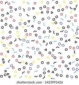Seamless abstract pattern. Multicolor chaotic hand drawn memphis elements. Stylish geometrical background for fabric, textile, design, ceramic.