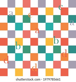 Seamless abstract pattern. Multi-colored cells. 80's-90's styles. Colorful geometric background. Style vector alphabet. Illustration for postcard, poster, banner, flyer, greeting card, cover. 