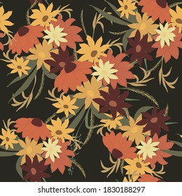 Seamless abstract pattern with multi-colored chamomile flowers in light yellow, orange, maroon and leaves on a dark green background. Design for wallpaper, background, fabric, textiles, interior.