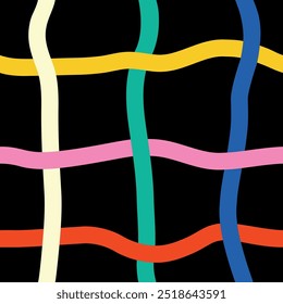 Modelo abstracto inconsútil de las líneas curvas a cuadros multicolores en un fondo negro, ilustración dibujada a mano