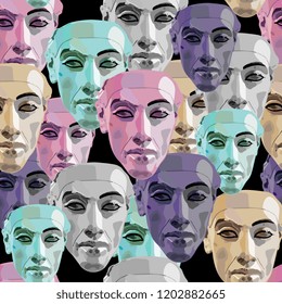 Seamless abstract pattern with multicolored faces of ancient Egyptian pharaoh Aknenaten or Echnaton. Modern flat pop art style.