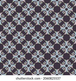 seamless abstract pattern of multicolored floral ornament. turquoise figures on a dark gray, purple background. bright colorful decorative covers, pattern, print.