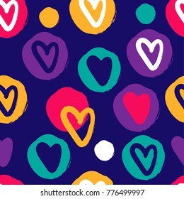 Seamless abstract pattern with multi-colored hearts and circles. Colorfull pattern for fabric, textiles, clothing, wrapping paper, cancers, backpacks, Web.