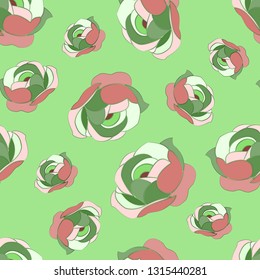 Seamless abstract pattern of multi-colored peonies, on a light green background. Great for decorating fabrics, textiles, gift wrapping design, any printed materials, including advertising.