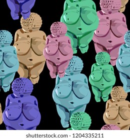 Seamless abstract pattern with multicolored silhouettes of Venus of Willendorf. Paleolithic feminist goddess. Archetype of Great Mother. Modern pop art style.