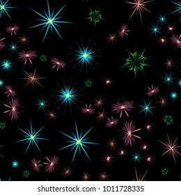 Seamless abstract pattern. Multicolored stars on a black background. Beautiful vector illustration.