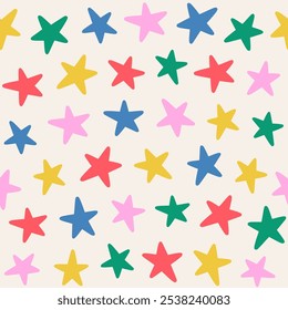 Seamless abstract pattern of multicolored stars on a light background, cute hand drawn illustration, flat style