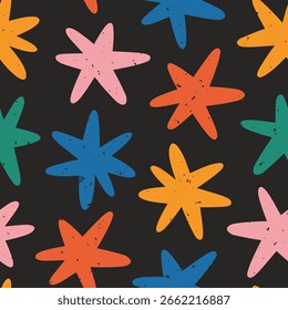 Patrón abstracto inconsútil de estrellas multicolores sobre un fondo negro con textura; Ilustración vectorial dibujada a mano simple linda; dibujo, estilo plano