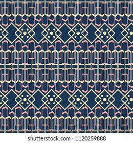 Seamless abstract pattern of multiple geometric shapes. Dark blue, yellow, pink colors