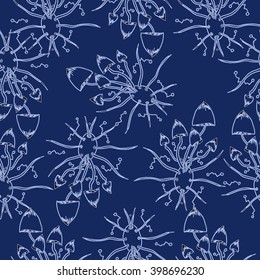 Seamless abstract pattern mushrooms on dark blue background