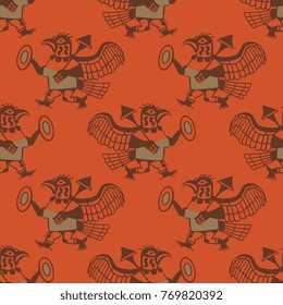 Seamless abstract pattern with mythological creatures. Running warrior birds. Based on Pre-Columbian Mochica art of ancient Peru.