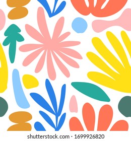 Seamless abstract pattern with natural shapes. Contemporary floral сollage. Bright exotic print. Modern tropical illustration for for fabric or wrapping paper, wall art, social media post, packaging.