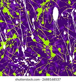 Seamless abstract pattern with neon green and white paint splashes on purple background. Perfect for streetwear, sports design, and modern graffiti-inspired prints.