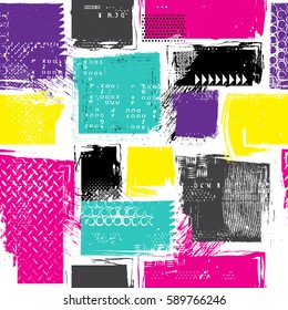 seamless abstract pattern with neon squares, drops and splashes. Retro 80s style. Repeated backdrop for  fashion clothes, t shirt, child, paper. Creative girlish original design  