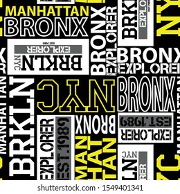 Seamless abstract pattern in new york style. Manhattan, Brooklyn, Bronx. Grunge geometric pattern for girls, boys, fashion textile, sport clothes. Urban modern design