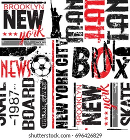 Seamless abstract pattern in new york style. Manhattan, Brooklyn, Bronx. Grunge geometric pattern for girls, boys, fashion textile, sport clothes. Urban modern design