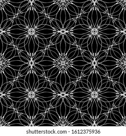 Seamless abstract pattern.Art Nouveau style.Flat design.White lace on black background.Black and white graphics.For the design and decoration of fabric, paper, Wallpaper and packaging.