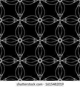 Seamless abstract pattern.Art Nouveau style.Flat design.White lace on black background.Black and white graphics.For the design and decoration of fabric, paper, Wallpaper and packaging.
