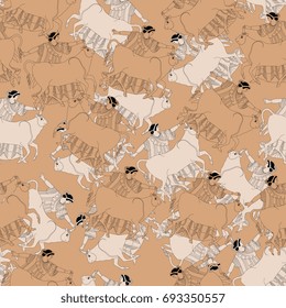 Seamless abstract pattern with Old Greek mythological motifs. Europa and bull in vase painting style. Soft terracotta colors. Smartly grouped and layered.