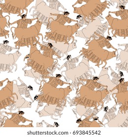 Seamless abstract pattern with Old Greek mythological motifs. Europa and bull in vase painting style. Soft terracotta colors. Smartly grouped and layered.