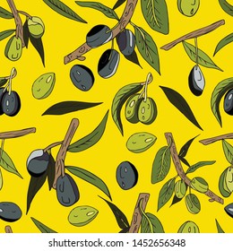 Seamless abstract pattern of olives, twigs, leaves and fruits on a yellow background. Decorative juicy print