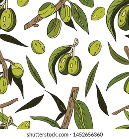 Seamless abstract pattern of olives, twigs, leaves and fruits on a white background. Decorative juicy print