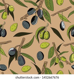 Seamless abstract pattern of olives, twigs, leaves and fruits on a brown background. Decorative juicy print