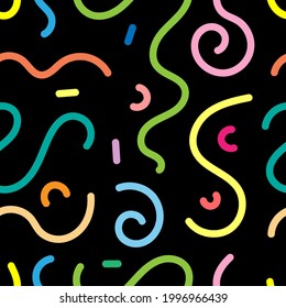 Seamless abstract pattern on black background. Vector doodle image. Graphic linear colorful wallpaper.
