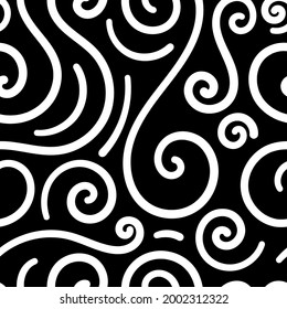 Seamless abstract pattern on black background. Vector doodle image. Graphic linear wallpaper.