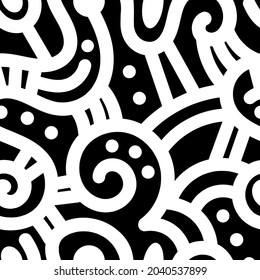 Seamless abstract pattern on black background. Vector doodle image. Graphic linear wallpaper.