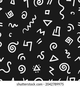 Seamless abstract pattern on black background. Vector doodle image. Graphic linear wallpaper.
