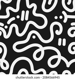 Seamless abstract pattern on black background. Vector doodle image. Graphic linear wallpaper.