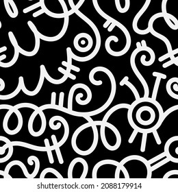 Seamless abstract pattern on black background. Vector doodle image. Graphic linear wallpaper.