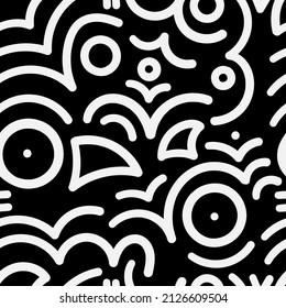 Seamless abstract pattern on black background. Vector doodle image. Graphic linear wallpaper.