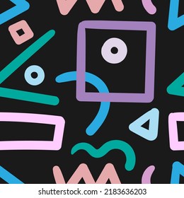 Seamless abstract pattern on black background. Vector doodle image. Graphic geometric ornament.