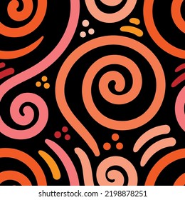Seamless abstract pattern on black background. Vector doodle image. Graphic linear wallpaper.